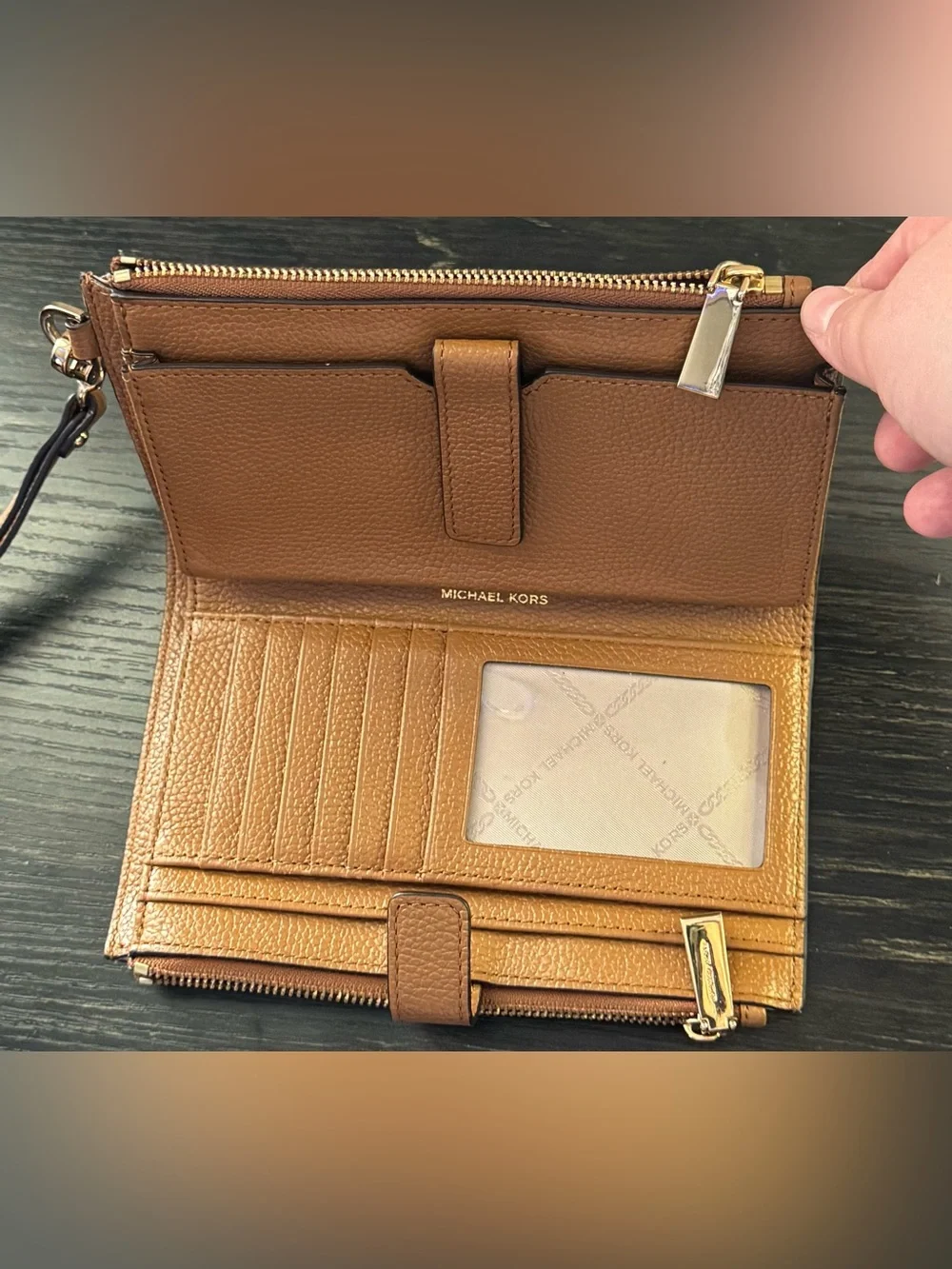 Michael Kors Tan Pebbled Leather Wristlet with Gold Hardware